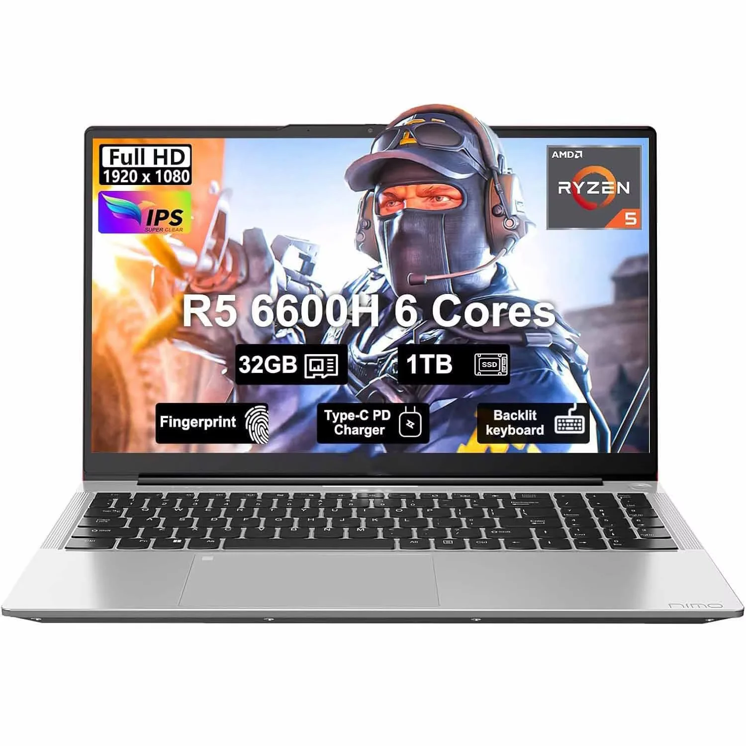 15.6" IPS FHD-Gaming-Laptop, AMD Ryzen 5 6600H 6-Cores 660M GPU 32GB DDR5 RAM 1TB SSD(Beat i7-1165G7, Up to 4.5GHz) Computer with 100W GaN Type C Fingerprint Backlit Keyboard Win 11