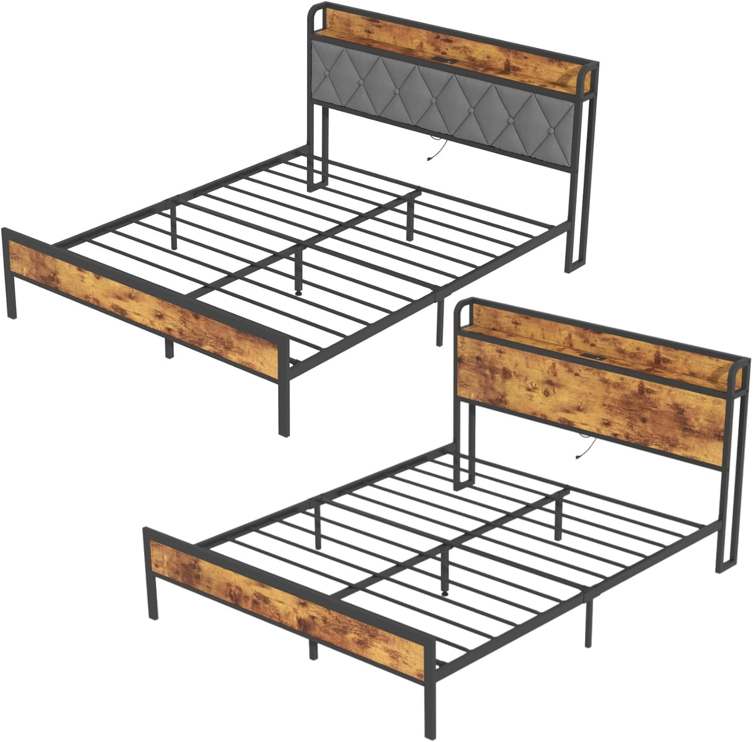 Adwin Bundled Products of Wooden Headboard Queen Bed Frame and Fabric Headboard Queen Bed Frame