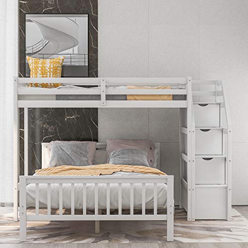 SOFTSEA Kid's Bunk Bed Twin Over Full with Desk and Drawers for Storage Solid Wood Loft Bed for 2, Modern Bunk Bed Frame with Ladder and No Box Spring Needed, MuddyWhite
