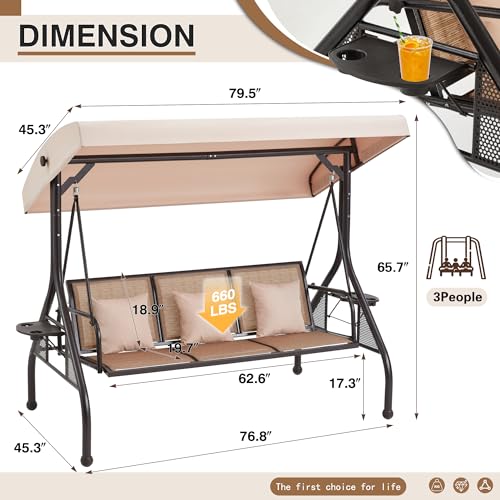 HOMREST 3 Seat Outdoor Porch Swing,Adjustable Canopy Porch Swings,Outdoor Swing with Stand, Patio Glider Chair with Thicken Cushions,Pillow & Cup Holder(Brown)
