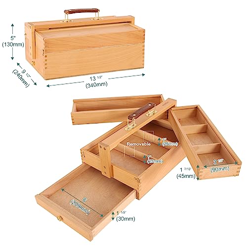 VISWIN Multi-Function Artist Storage Box, Portable Solid Beech Wooden Tool Box with Drawer, Three Layers Art Supplies Storage Box for Paint Brush, Pen, Pastel, Paining Supplies, 13 1/2