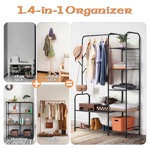 melos Clothes Rack, Coat Rack Metal Garment Rack With Storage Shelves and Coat/Hat Hanging Hooks, Portable Closet System Organizer, Freestanding Clothes Rack For Bedroom, Pace Saving