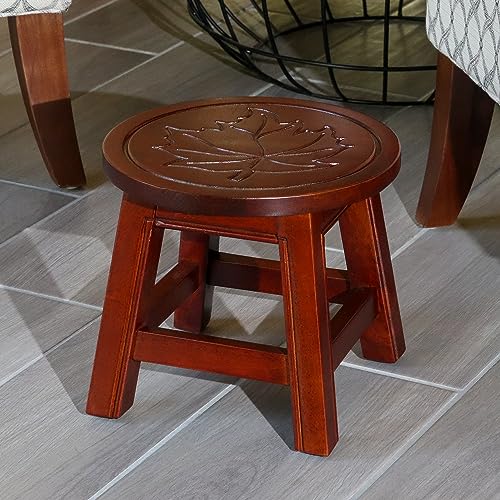 Small Wooden Round Stool Hardwood 10Inches Short Stool Carved Rubberwood Foot Stool Small Footrest Mini Side Table (Flower, Black)