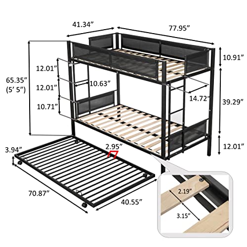 Donext Twin Over Full Metal Bunk Bed with Trundle, Heavy-Duty Bunk Bed with Guardrail, Space-Saving Bunk Bed for Kids, Teens, Adults, Bunk Bed for Three, 2 side Ladders, No Box Spring Needed, Black