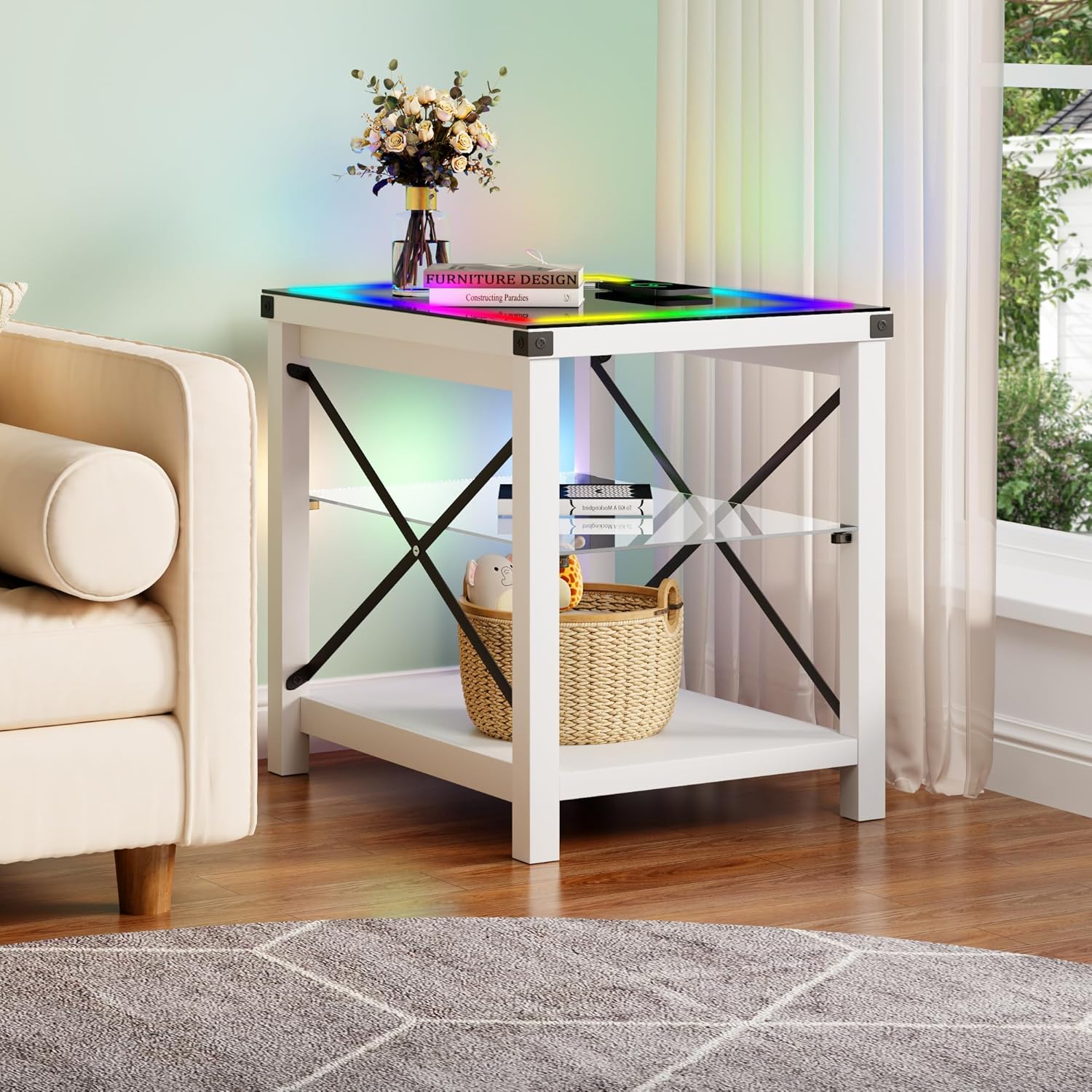 End Side Table set of 2 with Charging Station, LED Night Stand with Human Senor RGB Lights for Small Narrow Place - Smart Nightstand Easy to Assembly for Living Room/Bedroom, White