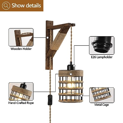 SEEBLEN Plug in Wall Sconces Set of 2,Farmhouse Hanging Lamps That Plug into Wall Outlet, Rustic Metal Cage Sconce with Wooden Bracket for Bedroom Living Room Headboard.