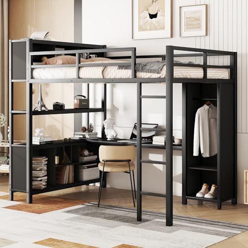 Metal Full Size Loft Bed with Desk and Wardrobe,Heavy Duty Loft Bed Frame with Storage Shelves and Bookcase,Sapce Saving Loft Bed Full Size for Kids,Teens,Adults,Black