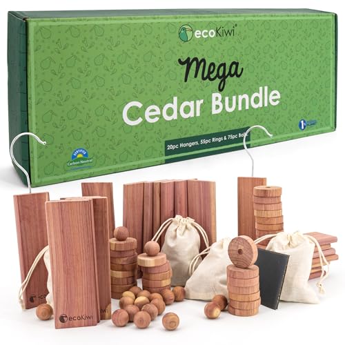 ecoKiwi Cedar Blocks for Clothes Storage Super Bundle Box - Cedar Hangers x10, Balls x30 & Rings x28 - Natural Oil Hanger Planks & Chips for Closets - Sustainable Cedarwood Protection with Sandpaper