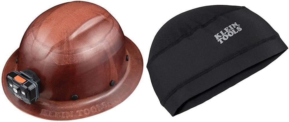 Klein Tools 60447 Hard Hat, Full Brim Class G KONSTRUCT Series Hard Hat with Rechargeable Headlamp, Brown & 60181 Cooling Helmet Liner, Under Hard Hat Cap with Mesh Fabric at Crown