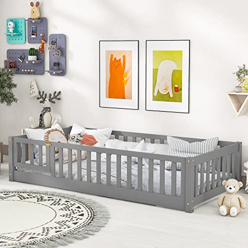 Twin Size Floor Platform Bed with Fence, Wooden Playpen Bed for Kids, Kids Fence Bed with Door, No Box Spring Needed (White)
