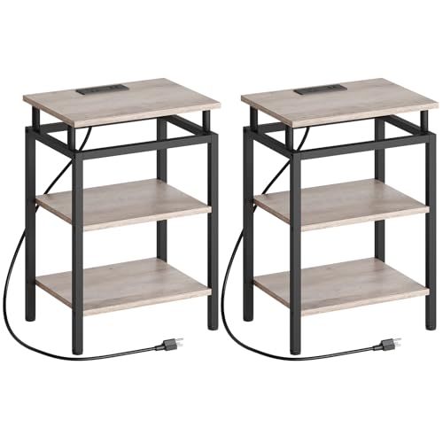 Set of 2 End Tables, Nightstands with Charging Station, Side Tables with 1 Outlet and 2 USB Ports, for Small Spaces, Bedroom, Living Room, Office, Rustic Brown and Black ET06L2UBR