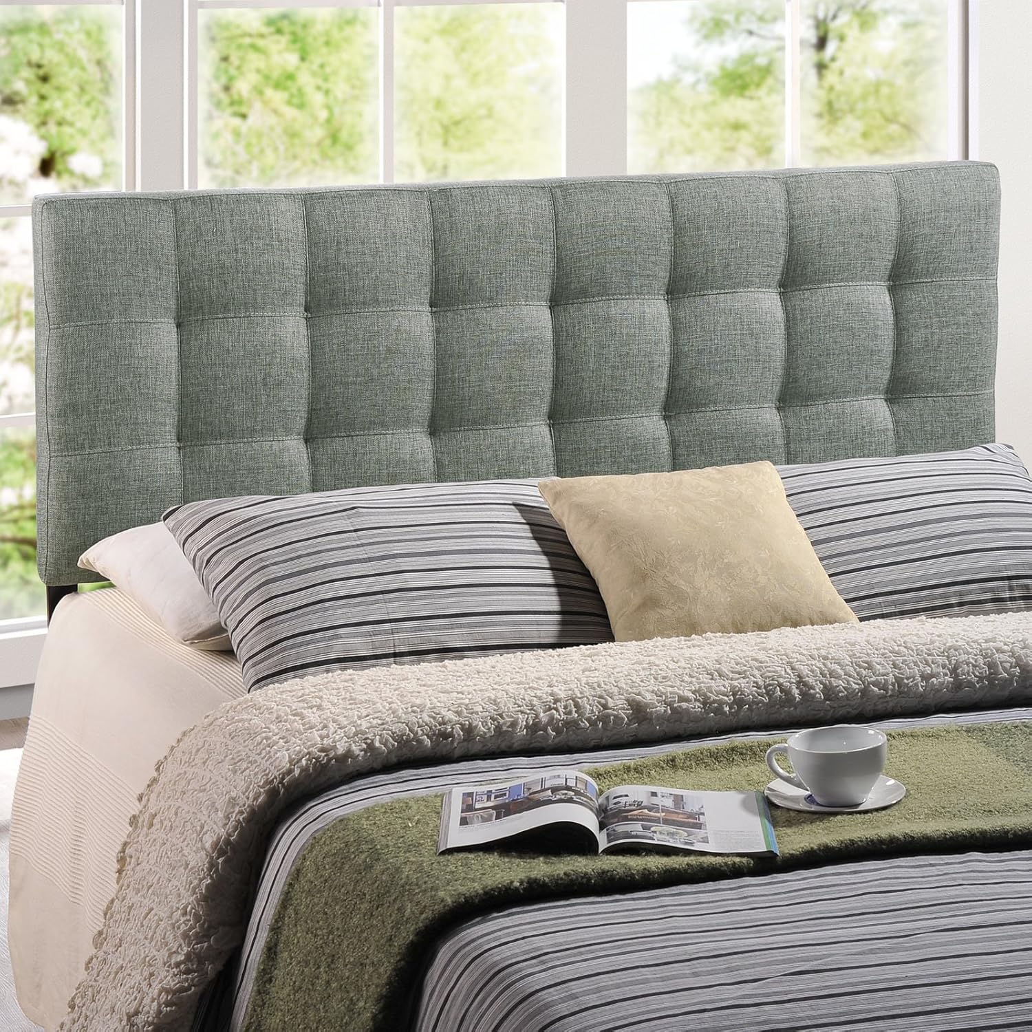 Modern Contemporary Full Size Fabric Headboard, Grey Fabric