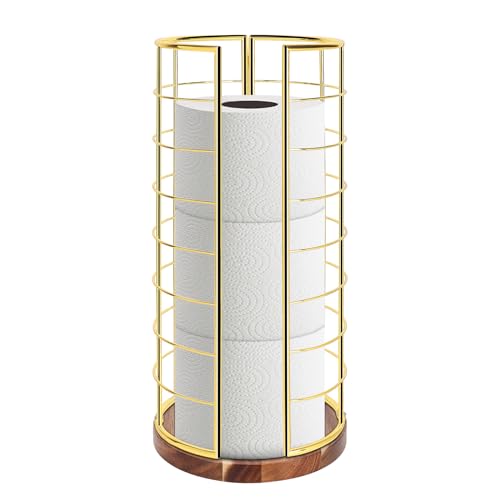 NearMoon Toilet Paper Organizer Stand, Freestanding 3 Rolls Tissue Storage, Metal Bathroom Accessory, Rustproof Toilet Roll Holder for Kitchen Countertop Inside Cabinet Shelf(Wooden Base, Chrome)