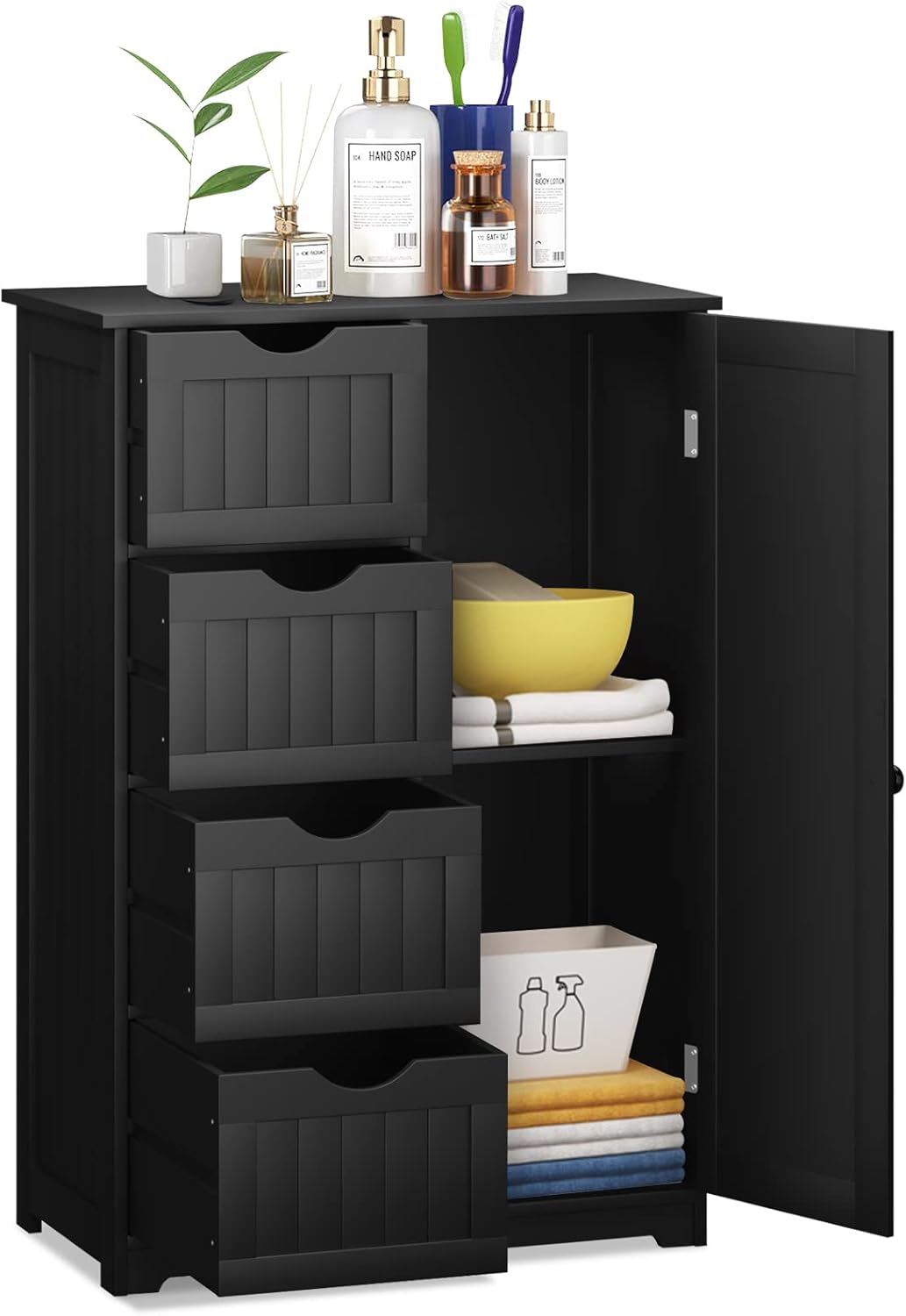 Bathroom Floor Cabinet, Freestanding Storage Organizer Unit with Adjustable Shelf, 1 Doors and 4 Drawers, Wooden Freestanding Cupboard for Entryway Kitchen Living Room (Black)