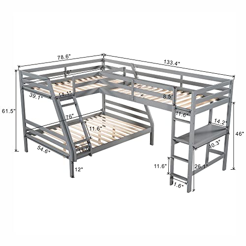 RUNNA Full and Twin Size L-Shaped Bunk Bed with Slide, Short Ladder and Full Length Guardrail, L-Shaped Full Size bunk bed with a Twin Size Bunk Bed, L-Shaped Low Bunk Bed for 4 Kids (White+4 Bed)