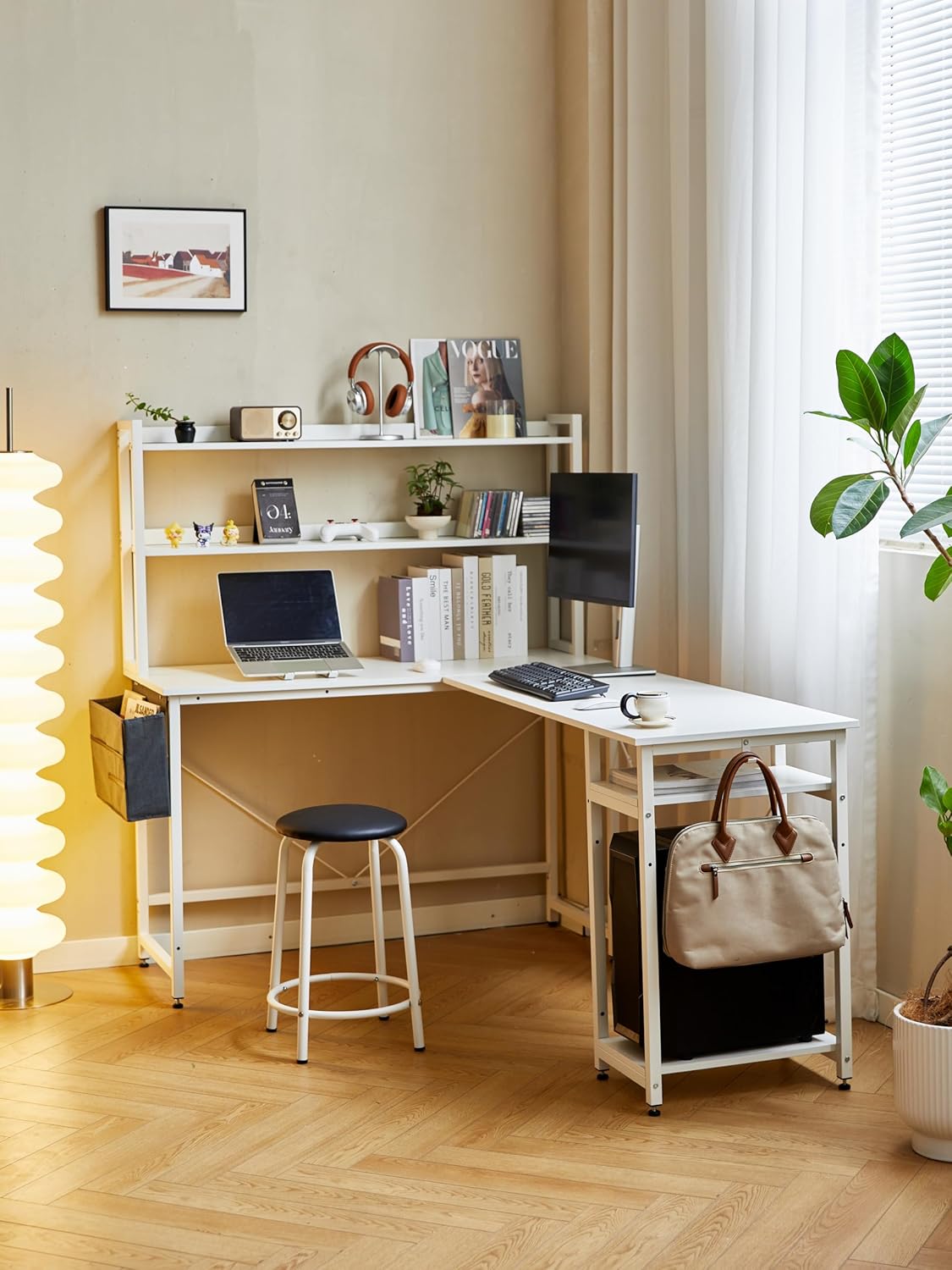 67 Inch L Shape Gaming Desk with Hutch, Computer Desk with Storage Shelves and Stool, Corner Desk for Home Office, Modern 2 Person Writing Desk, White