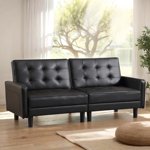 Futon Sofa Bed, Convertible Futon Sofa Couch Bed Daybed with Adjustable Backrests, Linen Fabric Loveseat Sleeper Sofa Bed for Small Space, Living Room, Apartment (Grey, Loveseat)