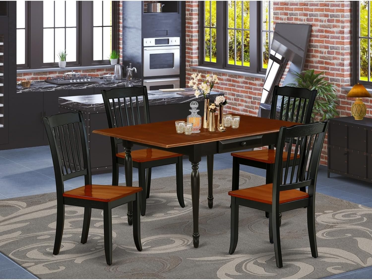 Baroque Bonanza 5Pc Kitchen Set Offers A Dining Room Table and 4 Wood Dining Chairs with Wooden Seat, Drop Leaf Table with Slat Back Chairs, Black and Cherry Finish