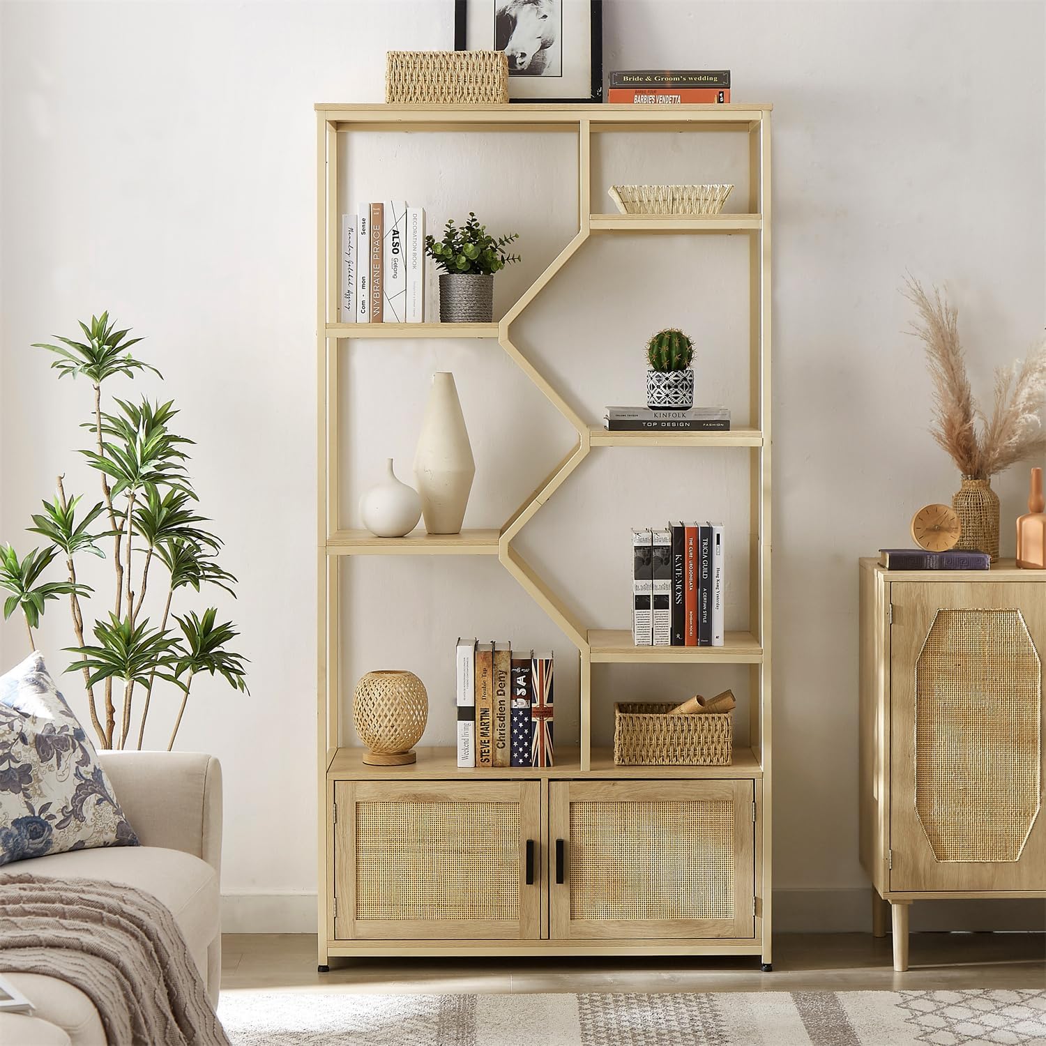 ZeHuoGe Rattan Bookshelf with 2 Doors, 7 Tiers Bookcases Rack with Cabinet,Cane Storage Cabinet,Caning Furniture for Living Room Home Office