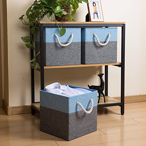 PRANDOM Large Foldable Cube Storage Bins 13x13 inch [4-Pack] Fabric Linen Storage Baskets Cubes Drawer with Cotton Handles Organizer for Shelves Nursery Closet Bedroom White and Grey