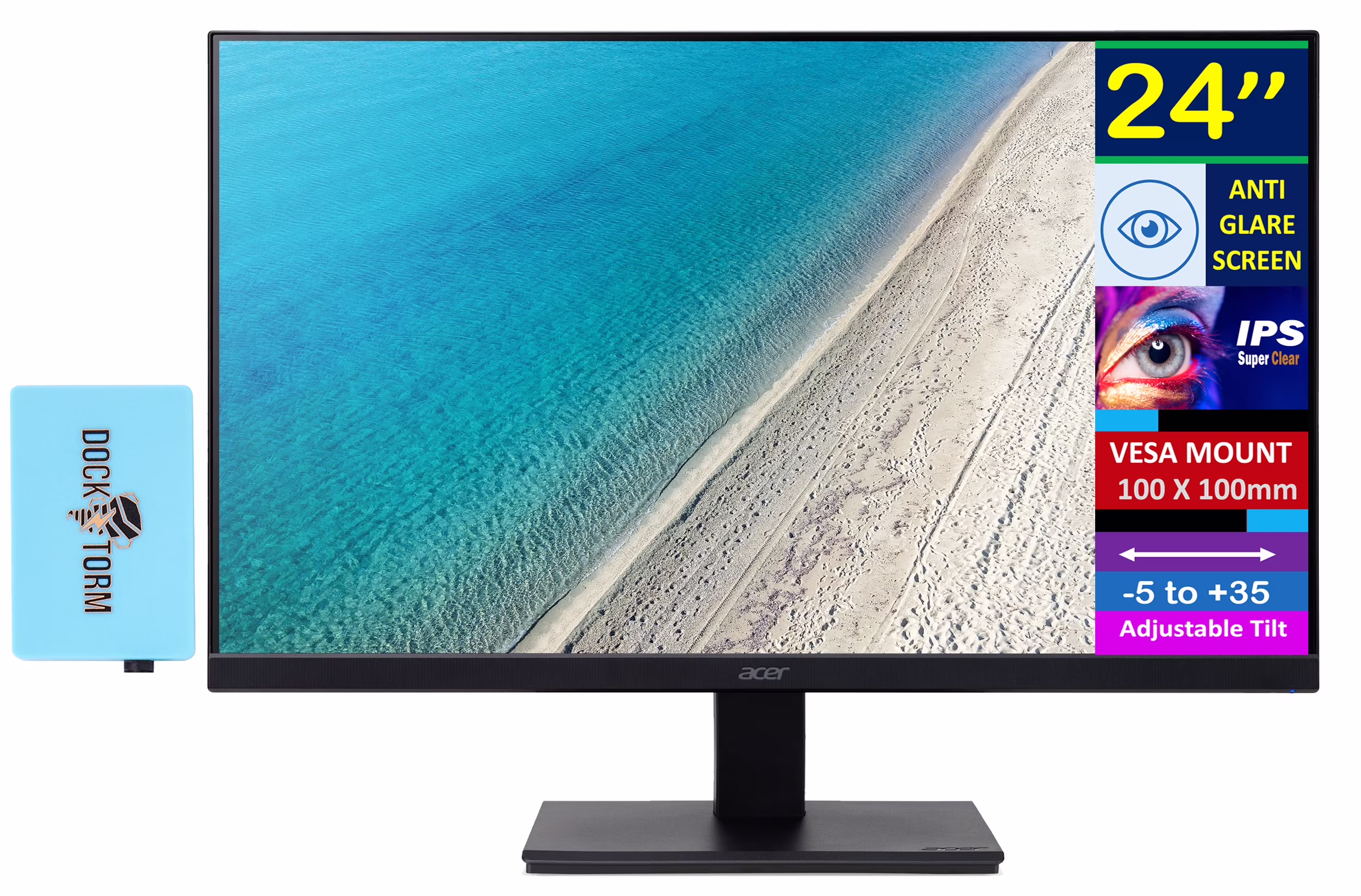 Acer 24" Vero V247Y Gbmix FHD IPS monitor with 4 ms Response Time, Anti-glare, Adaptive Sync, Integrated Speakers, VESA Mount (100x100mm) & Dockztorm USB Port Expander, HDMI, Black (UM.QV7AA.G03)