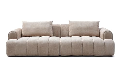 Modern Sectional Sofa, 4-Seater, Premium Upholstered Sofa Couch for Living Room Apartment Small Space (Teddy + Beige)