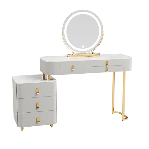 Luxury Vanity Desk with Mirror and Lights,2024 Latest Upgrade Material Vanity Table with Movable Cabinet,6 Drawers and Chair,Dressing Table Set for Girls Women (47.2