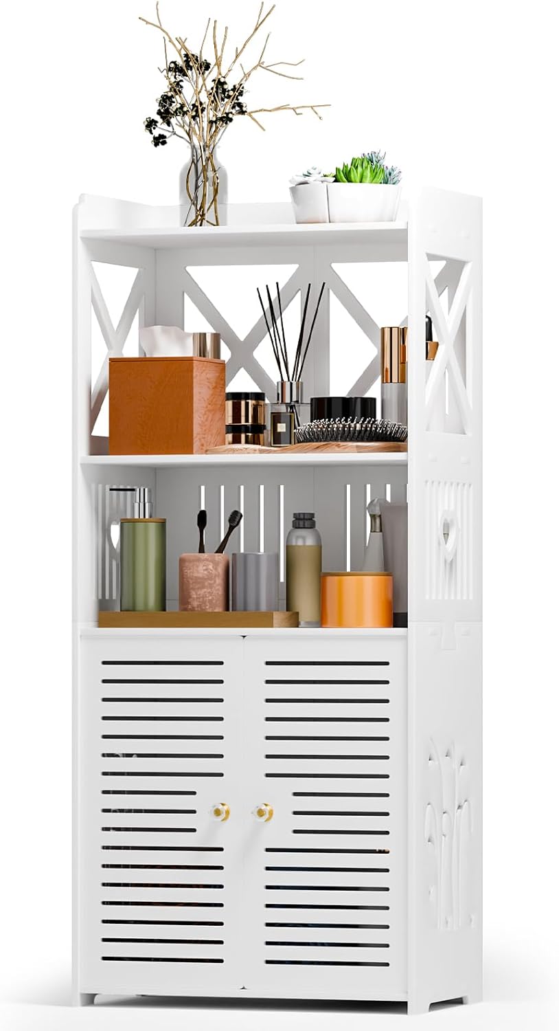 Modern Bathroom Floor Cabinet, Free Standing Slim Cabinet with Doors & Shelves for Towels, 35.4