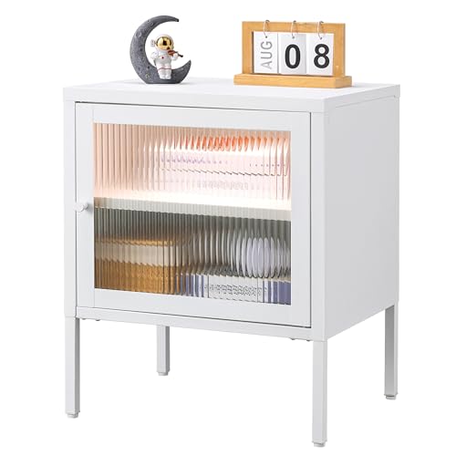 2 Tier End table, Metal Nightstand, Modern Side table with fluted glass door, Bedside table with LED Sensor Light, White Side Table with adjustable Shelf, End table for Living Room, Bedroom