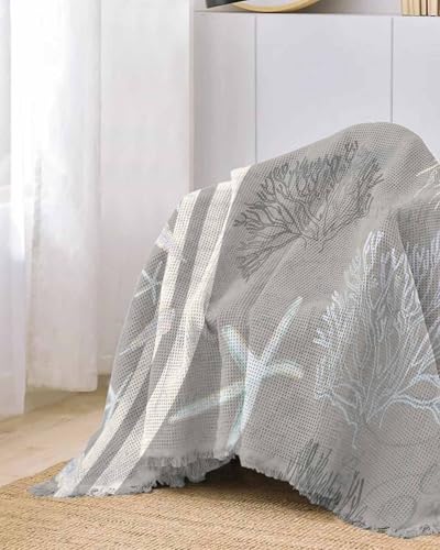 Ocean Teal Blue Sofa Cover Couch Covers for 3-4 Cushion Couch Throw Couch Cover with Tassel Soft Sofa Slipcover Coral Starfish Jellyfish Vintage Couch Furniture Protector for Dog Pet 71