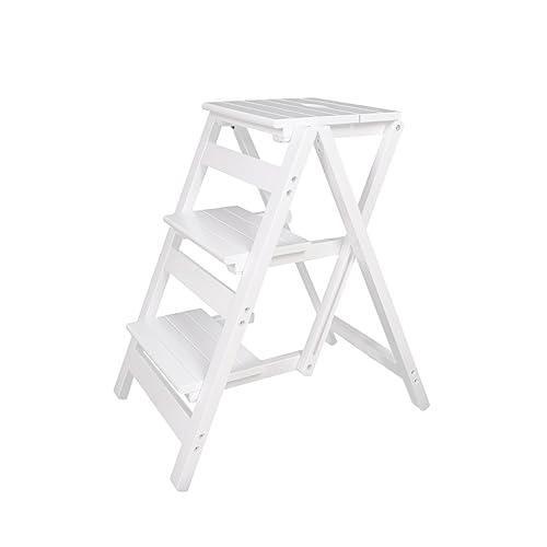 Folding Step Stool Step Ladder 2 Tier, Multi-Functional Folding Solid Wood Ladder Stool, Step Stool Household Muliti-Color Step Ladder Stool for Household and Office 330lbs,White,2step