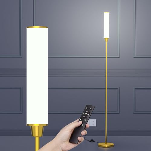 Floor Lamp with Remote Control,Bright Floor Lamps for Living Room/Bedroom/Office, Stepless Adjustable 3000K-6000K Colors and 10-100% Brightness,Standing Light with Foot Switch (Brass Gold)