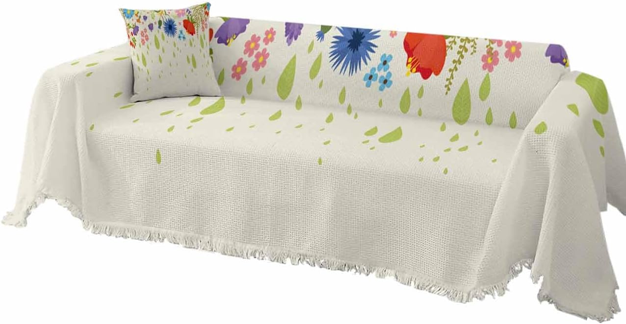 Abstract Floral Cover Couch Covers for 3-4 Cushion Couch Throw Couch Cover with Tassel Soft Slipcover Blue Red Purple Flowers Leaves Light Beige Couch Furniture Protector for Dog Pet 71