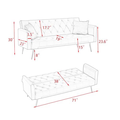 71'' Modern Velvet Futon Bed Loveseat, Convertible Folding Sleeper Couches with Adjustable Backrests and 2 Pillow, Lounge Sofa with Golden Chrome Legs, Green