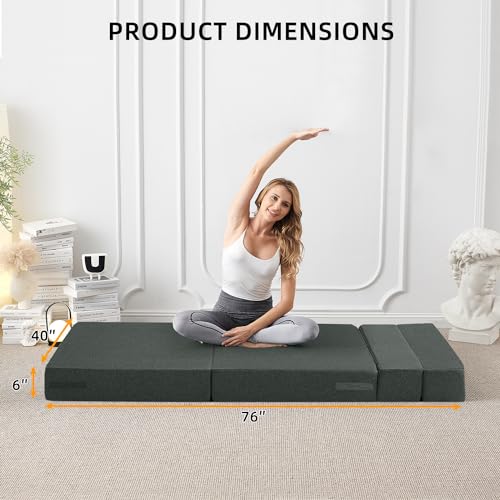 Convertible Folding Sofa Bed-Sleeper Chair with Pillow, Modern Linen Fabric Floor & Futon Couch, Foldable Mattress for Living Room/Dorm/Guest Use/Home Office/Apartment, Full Size,Dark Green