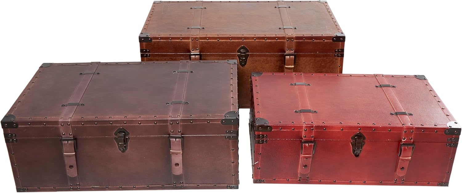 Deco 79 Wood Decorative Trunk Nesting Upholstered Decorative Large Boxes with Vintage Accents and Studs, Set of 3 Storage Trunks 32