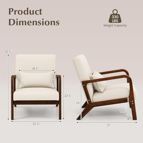 Accent Chair, Mid Century Modern Armchair with Solid Wooden Frame, Soft Padded Cushion & Linen Fabric, Upholstered Living Room Lounge Chair with Pillow for Bedroom, Balcony (Gray)