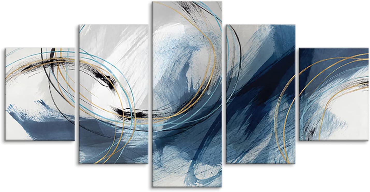 Fu-Keivy Blue Grey Abstract Canvas Wall Art Decor Fantasy Modern Artwork Painting for Living Room Bedroom 5 Panel Wall Pictures Graffiti on White Background
