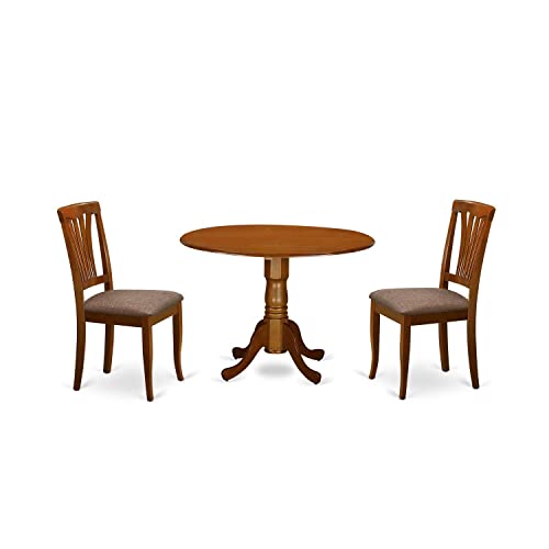East West Furniture DLAV3-SBR-LC 3 Piece Dining Set Contains a Round Dining Table with Dropleaf and 2 Faux Leather Kitchen Room Chairs, 42x42 Inch, Saddle Brown