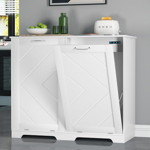 VECELO Tilt Out Kitchen Trash Bin Cabinet, Dog Proof Garbage Can with Wood Holder Free Standing Recycling, White