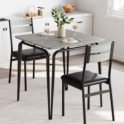 Dining Table for 2, Small Table and Chairs Set of 2, Square Dinette Set for 2, Dinner Table Set, 3 Piece Kitchen & Dining Room Sets for Small Space, Apartment (Gray, Dining Table with 2 Chairs)