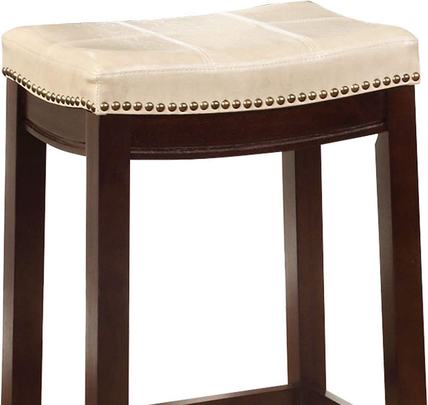Benjara Wooden Bar Stool with Faux Leather Upholstery, Cream and Brown