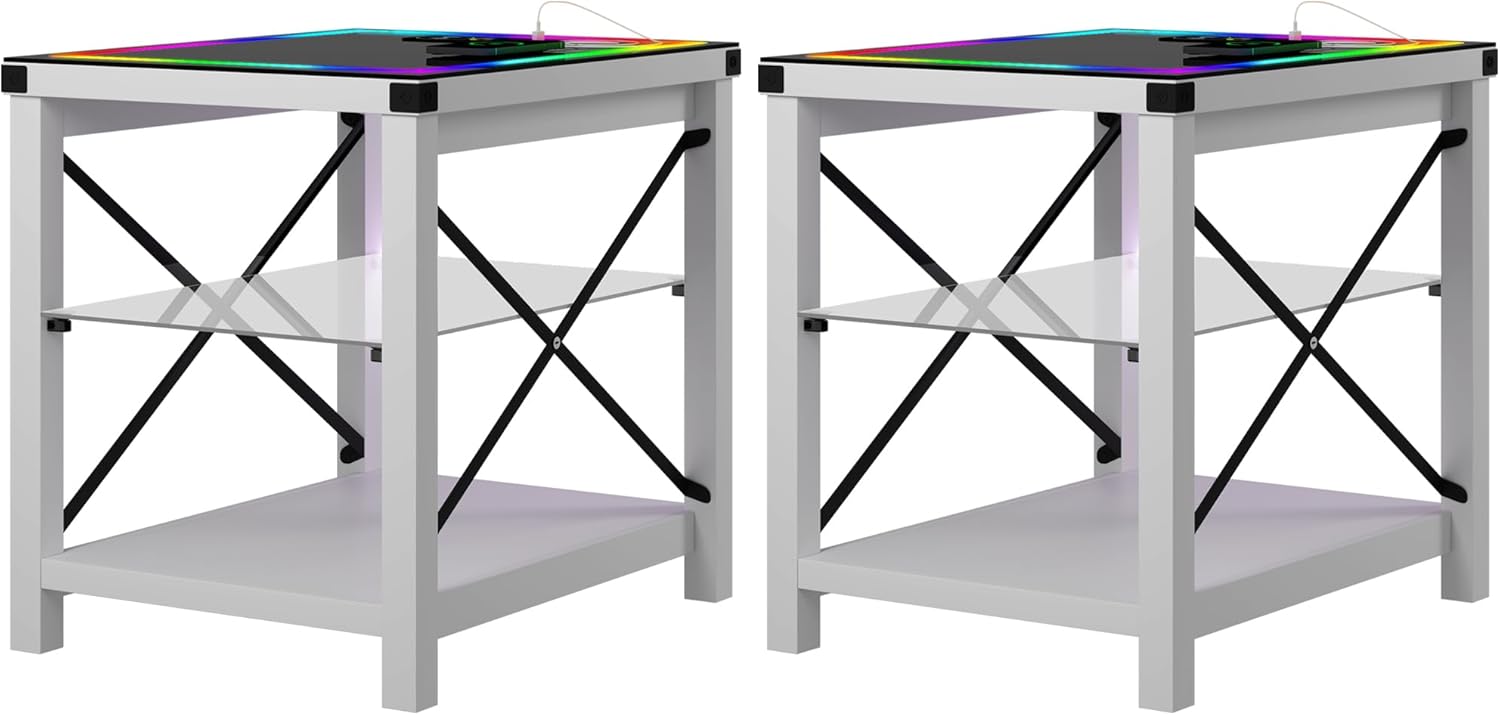 End Side Table set of 2 with Charging Station, LED Night Stand with Human Senor RGB Lights for Small Narrow Place - Smart Nightstand Easy to Assembly for Living Room/Bedroom, White