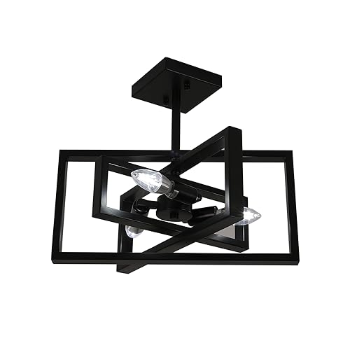 DELIPOP Semi Flush Mount Ceiling Light, 4-Light Black Farmhouse Industrial Ceiling Light Fixtures with Square Metal Frame Light Fixtures Ceiling Mount for Kitchen, Dining Room, Living Room, Bedroom