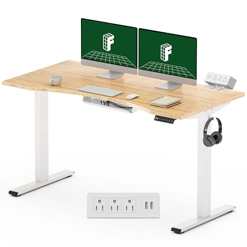 FLEXISPOT EN1 Bamboo Standing Desk 55 x 28 Inches Whole-Piece Curved Natural Bamboo Desktop Ergonomic Electric Sit Stand Up Desk Memory Controller (Grey Frame + 55