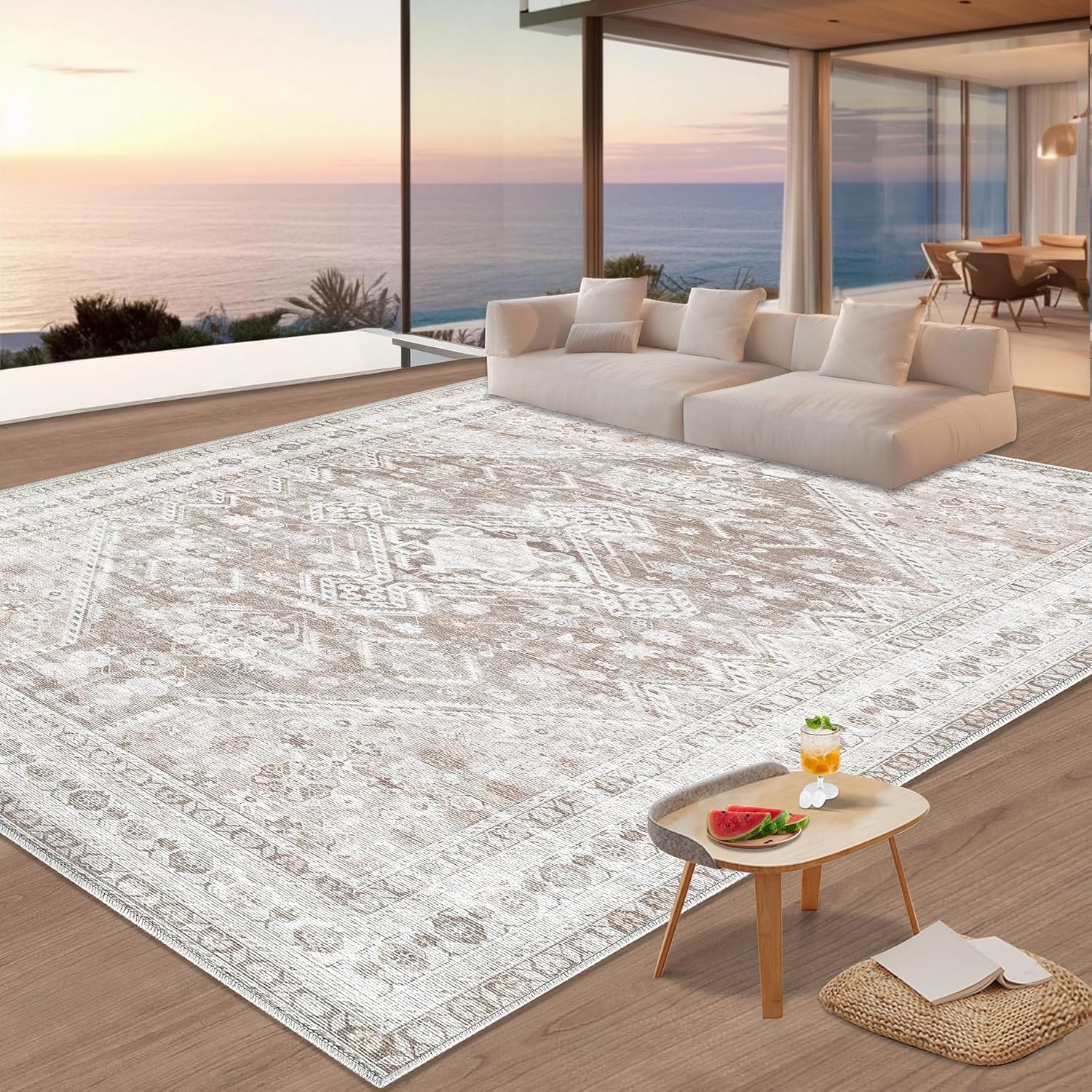 Area Rug Vintage 9x12 Living Room Rug: Large Washable Chenille Print Rug, Traditional Medallion Rug, Non Slip Boho Carpet for Bedroom Dining Table Kitchen Home Office(Beige, 9'x12')