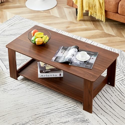 2-Tier Coffee Table Modern Cocktail Table Center Table with Open Storage Shelf for Living Room Bedroom Office Natural Wood Small
