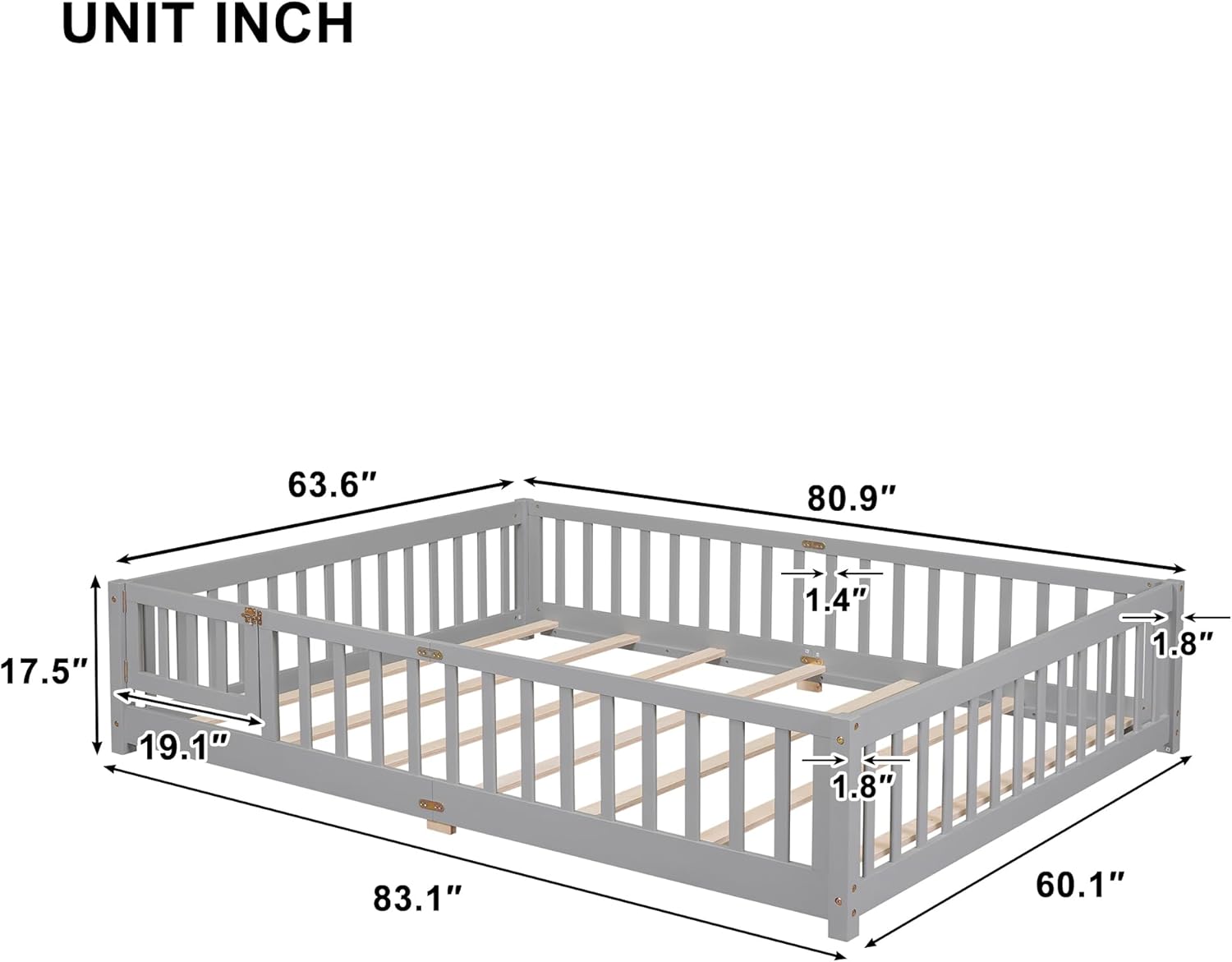 Bellemave Floor Bed Queen Size Montessori Bed Frame with Fence and Door, Wooden Queen Platform Bed for Kids, Boys Girls, Solid Wood Queen Bed, No Box Spring Needed (Grey)