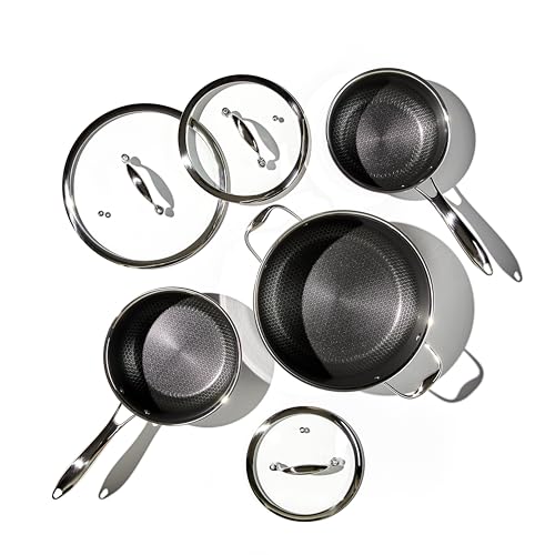 HexClad Hybrid Nonstick 6-Piece Pot Set with Trivets, 2, 3, and 8-Quart Pots with Tempered Glass Lids, 2 Silicone Trivets Included, Dishwasher Safe, Compatible with All Cooktops