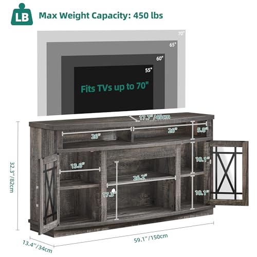 YITAHOME LED TV Stand for TVs up to 65 Inches, Curved Entertainment Center with Adjustable Shelves and Farmhouse Glass Doors, TV Cabinet Media Console for Living Room, Grey Wash